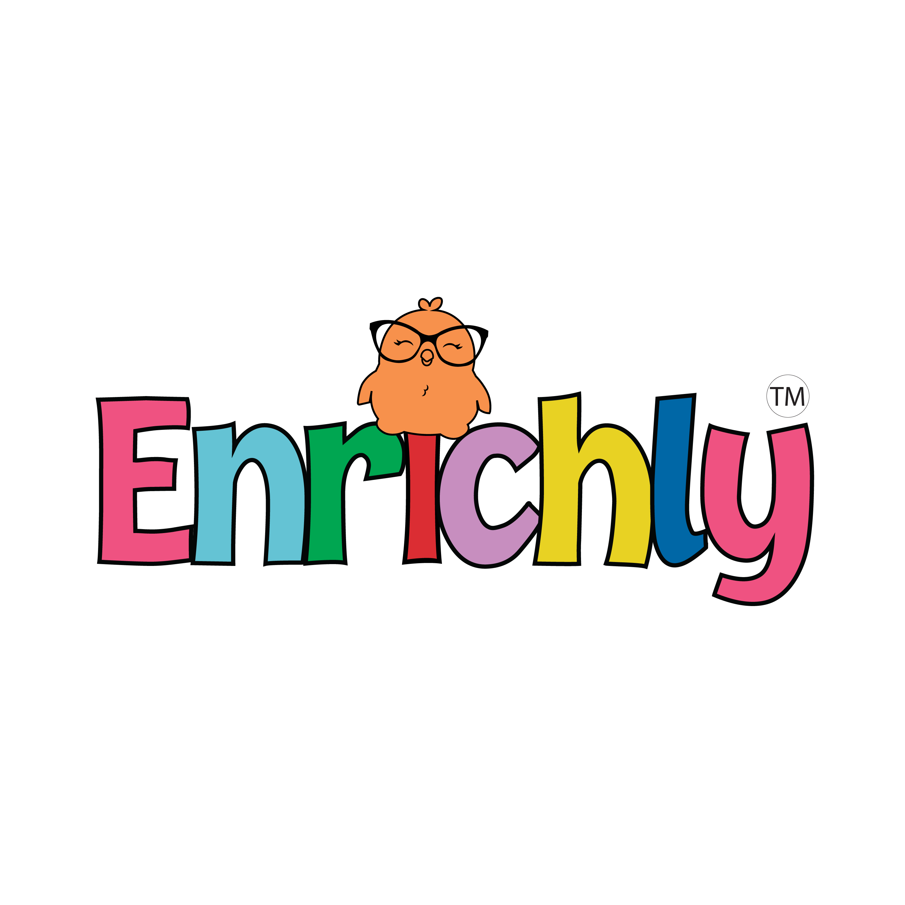 Image of Enrichly logo with a
            different color letters and a cartoon baby chick wearing glasses
            sitting on top of the letters